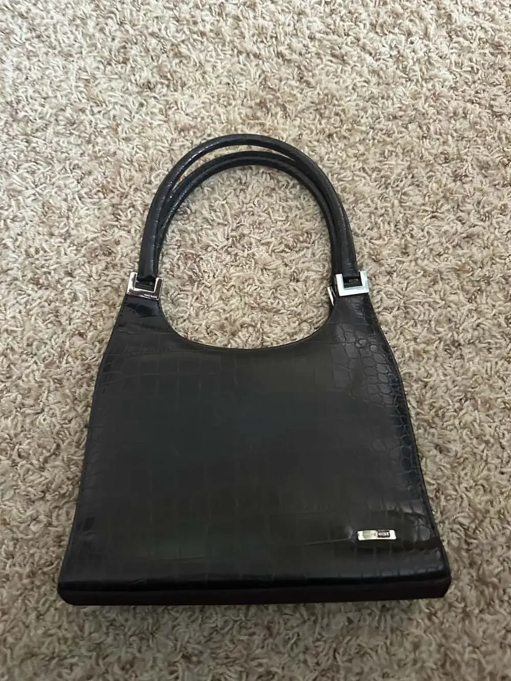 Vintage Nine West Black Crocodile Embossed Faux Leather Shoulder Bag